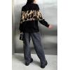 imagechouyatou Women 2025 Fall Leopard Print Pullover Sweater Crewneck Oversized Color Block Sweater Jumper TopBlack
