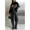 imagechouyatou Women 2025 Fall Leopard Print Pullover Sweater Crewneck Oversized Color Block Sweater Jumper TopBlack