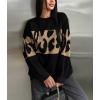 imagechouyatou Women 2025 Fall Leopard Print Pullover Sweater Crewneck Oversized Color Block Sweater Jumper TopBlack