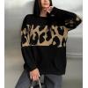 imagechouyatou Women 2025 Fall Leopard Print Pullover Sweater Crewneck Oversized Color Block Sweater Jumper TopBlack