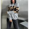 imagechouyatou Women 2025 Fall Leopard Print Pullover Sweater Crewneck Oversized Color Block Sweater Jumper TopGrey