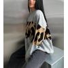 imagechouyatou Women 2025 Fall Leopard Print Pullover Sweater Crewneck Oversized Color Block Sweater Jumper TopGrey