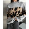 imagechouyatou Women 2025 Fall Leopard Print Pullover Sweater Crewneck Oversized Color Block Sweater Jumper TopGrey