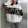 imagechouyatou Women 2025 Fall Leopard Print Pullover Sweater Crewneck Oversized Color Block Sweater Jumper TopWhite