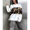 imagechouyatou Women 2025 Fall Leopard Print Pullover Sweater Crewneck Oversized Color Block Sweater Jumper TopWhite