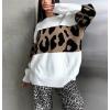 imagechouyatou Women 2025 Fall Leopard Print Pullover Sweater Crewneck Oversized Color Block Sweater Jumper TopWhite