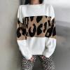imagechouyatou Women 2025 Fall Leopard Print Pullover Sweater Crewneck Oversized Color Block Sweater Jumper TopWhite