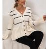 imagechouyatou Women Casual Blazers Striped Button Knit Lightweight Peplum Cardigan Sweater Jackets for WorkBeige