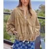 imagechouyatou Womens 2025 Fall Boyfriend Floral Denim Jacket Spring Y2K Casual Oversized Jean Bomber JacketKhaki