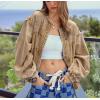 imagechouyatou Womens 2025 Fall Boyfriend Floral Denim Jacket Spring Y2K Casual Oversized Jean Bomber JacketKhaki