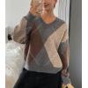 imagechouyatou Womens 2025 Fall VNeck Argyle Sweaters Pullover Oversized Chunky Knit Casual Sweater TopApricot Grey