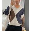 imagechouyatou Womens 2025 Fall VNeck Argyle Sweaters Pullover Oversized Chunky Knit Casual Sweater TopApricot Navy