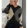 imagechouyatou Womens 2025 Fall VNeck Argyle Sweaters Pullover Oversized Chunky Knit Casual Sweater TopBlack Grey