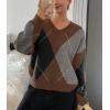 imagechouyatou Womens 2025 Fall VNeck Argyle Sweaters Pullover Oversized Chunky Knit Casual Sweater TopCoffee Grey