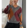 imagechouyatou Womens 2025 Fall VNeck Argyle Sweaters Pullover Oversized Chunky Knit Casual Sweater TopRed Grey
