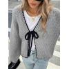imagechouyatou Womens Bow Tie Front Cardigan Sweaters Fall Winter Long Sleeve Open Front Chunky Sweater CoatsGrey