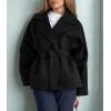 imagechouyatou Womens Business Casual Wool Coat Suit Top Loose Dressy Blazer Jacket Trench Coat with BeltBlack