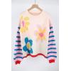 imagechouyatou Womens Daisy Floral Pullover Sweaters Color Block Striped Long Sleeve Sweater Jumper TopsApricot