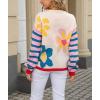 imagechouyatou Womens Daisy Floral Pullover Sweaters Color Block Striped Long Sleeve Sweater Jumper TopsApricot