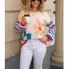 imagechouyatou Womens Daisy Floral Pullover Sweaters Color Block Striped Long Sleeve Sweater Jumper TopsApricot