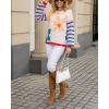 imagechouyatou Womens Daisy Floral Pullover Sweaters Color Block Striped Long Sleeve Sweater Jumper TopsApricot