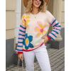 imagechouyatou Womens Daisy Floral Pullover Sweaters Color Block Striped Long Sleeve Sweater Jumper TopsApricot