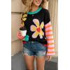 imagechouyatou Womens Daisy Floral Pullover Sweaters Color Block Striped Long Sleeve Sweater Jumper TopsBlack