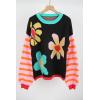 imagechouyatou Womens Daisy Floral Pullover Sweaters Color Block Striped Long Sleeve Sweater Jumper TopsBlack