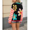 imagechouyatou Womens Daisy Floral Pullover Sweaters Color Block Striped Long Sleeve Sweater Jumper TopsBlack