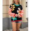 imagechouyatou Womens Daisy Floral Pullover Sweaters Color Block Striped Long Sleeve Sweater Jumper TopsBlack