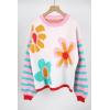 imagechouyatou Womens Daisy Floral Pullover Sweaters Color Block Striped Long Sleeve Sweater Jumper TopsWhite
