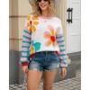 imagechouyatou Womens Daisy Floral Pullover Sweaters Color Block Striped Long Sleeve Sweater Jumper TopsWhite