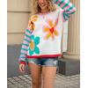 imagechouyatou Womens Daisy Floral Pullover Sweaters Color Block Striped Long Sleeve Sweater Jumper TopsWhite