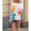 imagechouyatou Womens Daisy Floral Pullover Sweaters Color Block Striped Long Sleeve Sweater Jumper TopsWhite