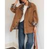 imagechouyatou Womens Fall Reversible Faux Suede Leather Shacket Jacket Stand Collar Plaid Coat OuterwearBrown