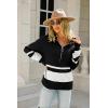 imagechouyatou Womens Fall Slouchy 12 Zip Up Knit Sweater Polo Collared Striped Shirt Sweater Pullover TopBlack