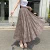 imagechouyatou Womens Lace Crochet Eyelet Dress Patterned Ruffle Flared Elastic Waist Flowy A Line Midi SkirtCoffee