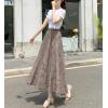 imagechouyatou Womens Lace Crochet Eyelet Dress Patterned Ruffle Flared Elastic Waist Flowy A Line Midi SkirtCoffee
