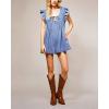 imagechouyatou Womens Ruffle Flutter Sleeve Baggy Denim Wide Leg Jumpsuit Tie Front Pleated Romper Shorts with PocketsBlue
