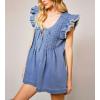 imagechouyatou Womens Ruffle Flutter Sleeve Baggy Denim Wide Leg Jumpsuit Tie Front Pleated Romper Shorts with PocketsBlue