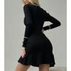 imagechouyatou Womens Sexy Sweater Ribbed Knit Mini Dress Ruffle Hem Mermaid Short Dress Long Sleeve Bodycon Party DressBlack