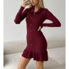 imagechouyatou Womens Sexy Sweater Ribbed Knit Mini Dress Ruffle Hem Mermaid Short Dress Long Sleeve Bodycon Party DressWine Red