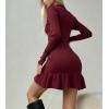 imagechouyatou Womens Sexy Sweater Ribbed Knit Mini Dress Ruffle Hem Mermaid Short Dress Long Sleeve Bodycon Party DressWine Red