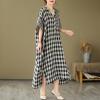 imagechouyatou Womens Summer Casual Loose Linen Dress Oversized Plaid Gingham Splicing Midi Cotton DressBlack