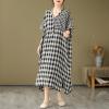 imagechouyatou Womens Summer Casual Loose Linen Dress Oversized Plaid Gingham Splicing Midi Cotton DressBlack