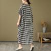 imagechouyatou Womens Summer Casual Loose Linen Dress Oversized Plaid Gingham Splicing Midi Cotton DressBlack