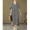 imagechouyatou Womens Summer Casual Loose Linen Dress Oversized Plaid Gingham Splicing Midi Cotton DressBlack