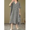 imagechouyatou Womens Summer Casual Loose Linen Dress Oversized Plaid Gingham Splicing Midi Cotton DressBlack