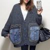 imagechouyatou Womens Trendy Color Block Splicing Knit Oversized Cardigan Open Front Fall Sweater JacketGrey