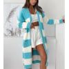 imagechouyatou Womens Trendy Striped Knit Cardigan Color Block Open Front Mid Long Sweater Jacket CoatAzure